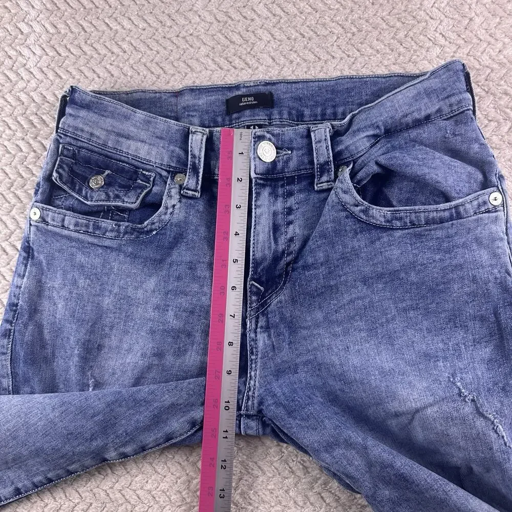 True Religion Jeans Mens 32x34 Blue‎ Geno Relaxed Slim Flap Pocket Distressed